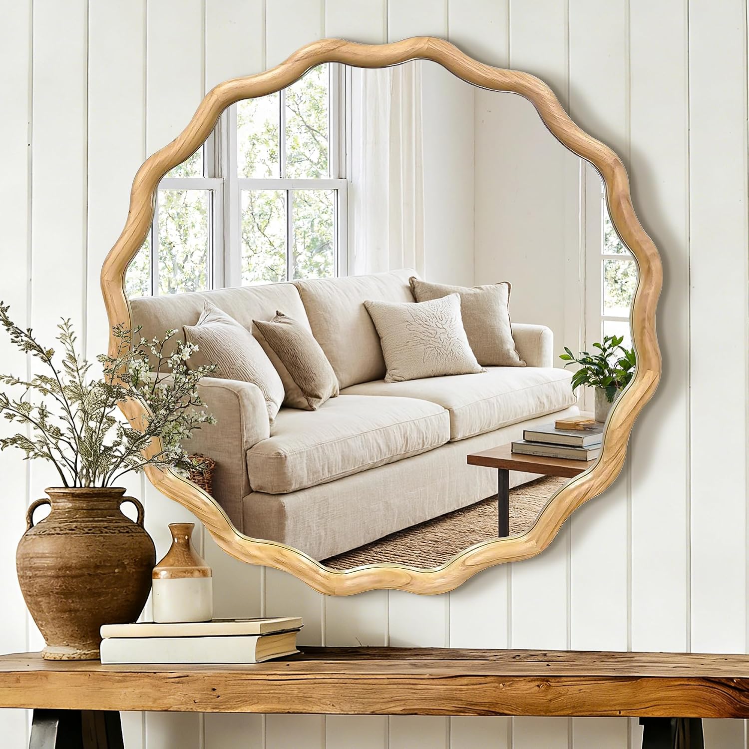 28 Inch Round Wavy Scalloped Wall Mirror with Wooden Frame
