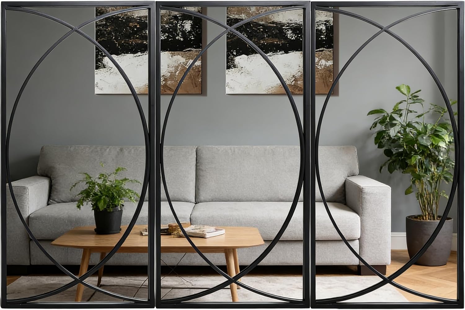 3 Piece Black Rectangular Wall Mirror Set with Metal Frame