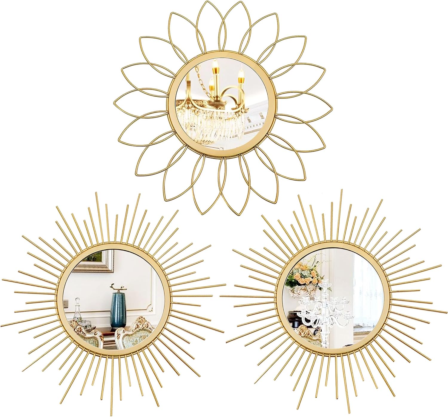 3 Piece Metal Sunburst Wall Mirror Set in Gold