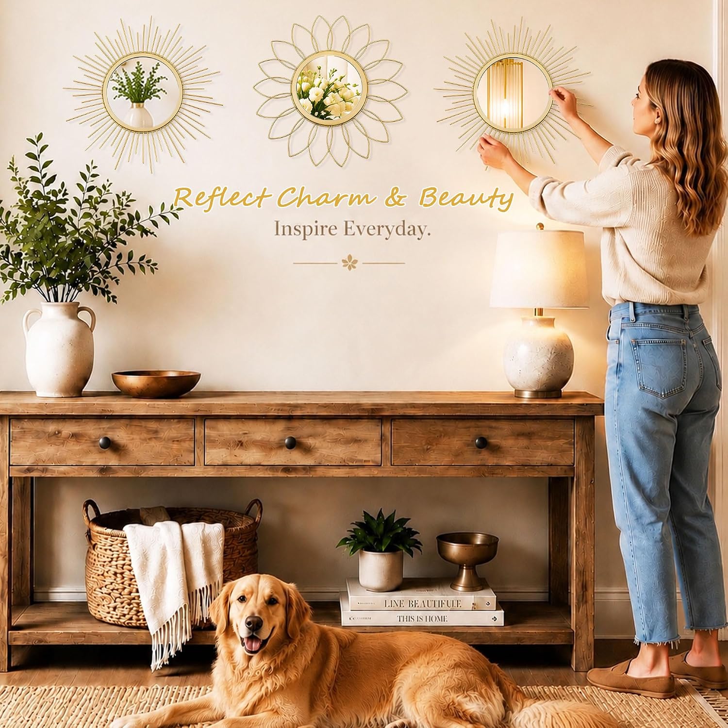 3 Piece Metal Sunburst Wall Mirror Set in Gold