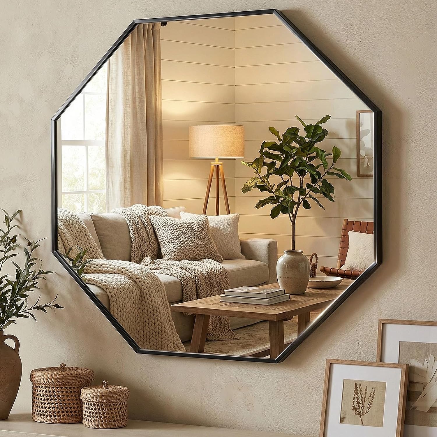 31 Inch Octagon Wall Mirror, Peel and Stick Frameless