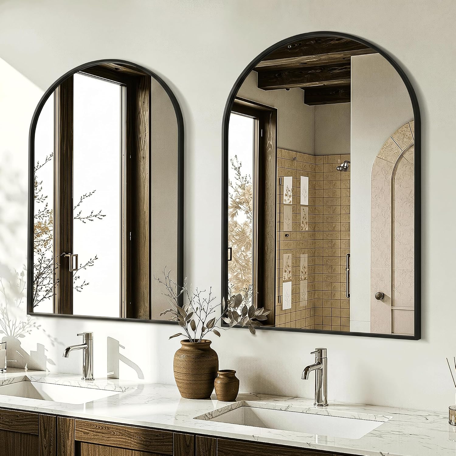 Arched Bathroom Mirror 30 x 20 Inch, Set of 2 in Black Metal