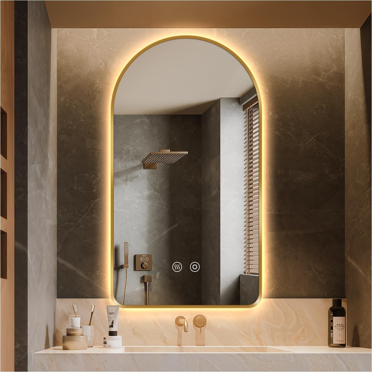 Arched LED Bathroom Mirror 32 x 20 Inch, Brushed Gold Backlit