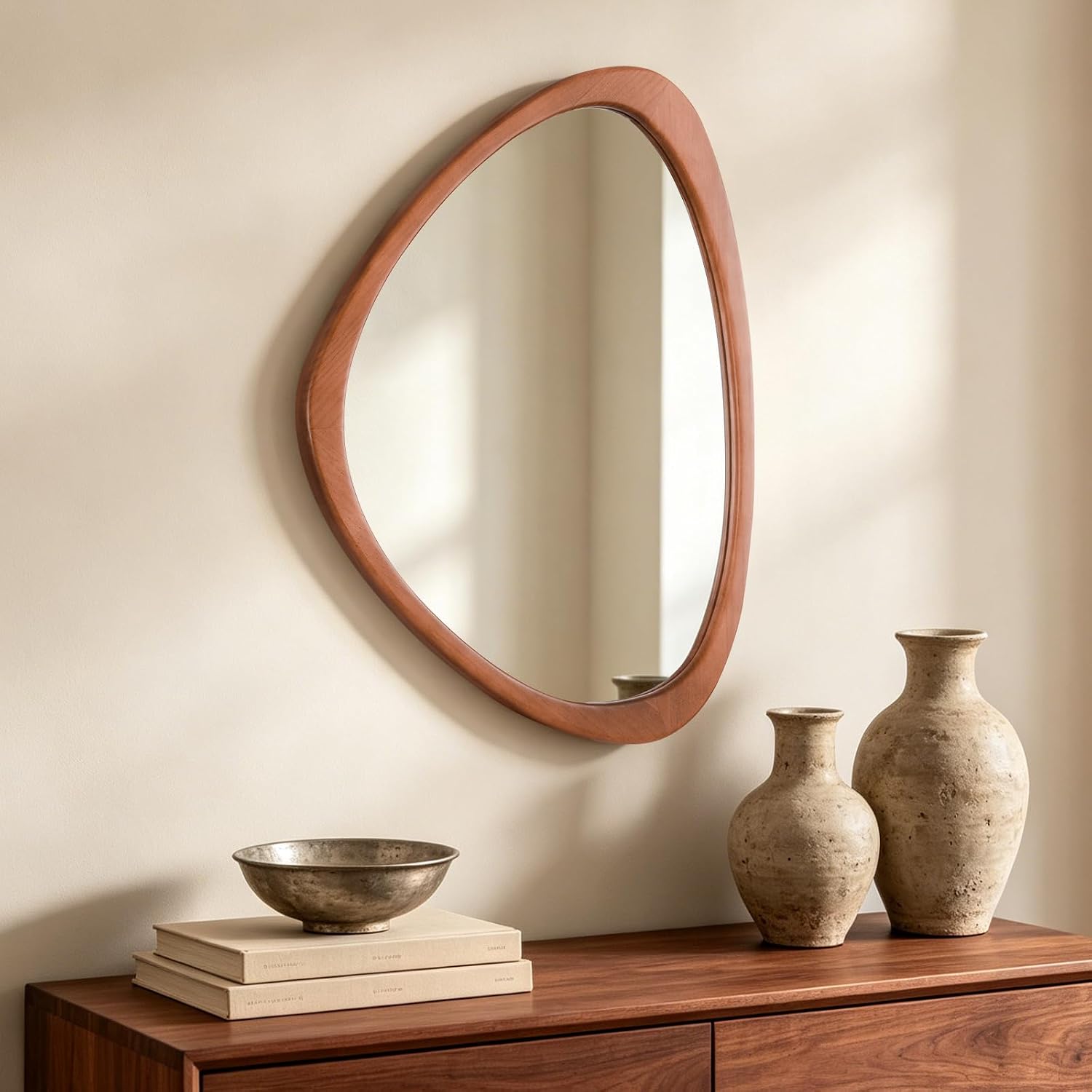 Asymmetrical Wooden Wall Mirror 25 x 20 Inch, Solid Wood