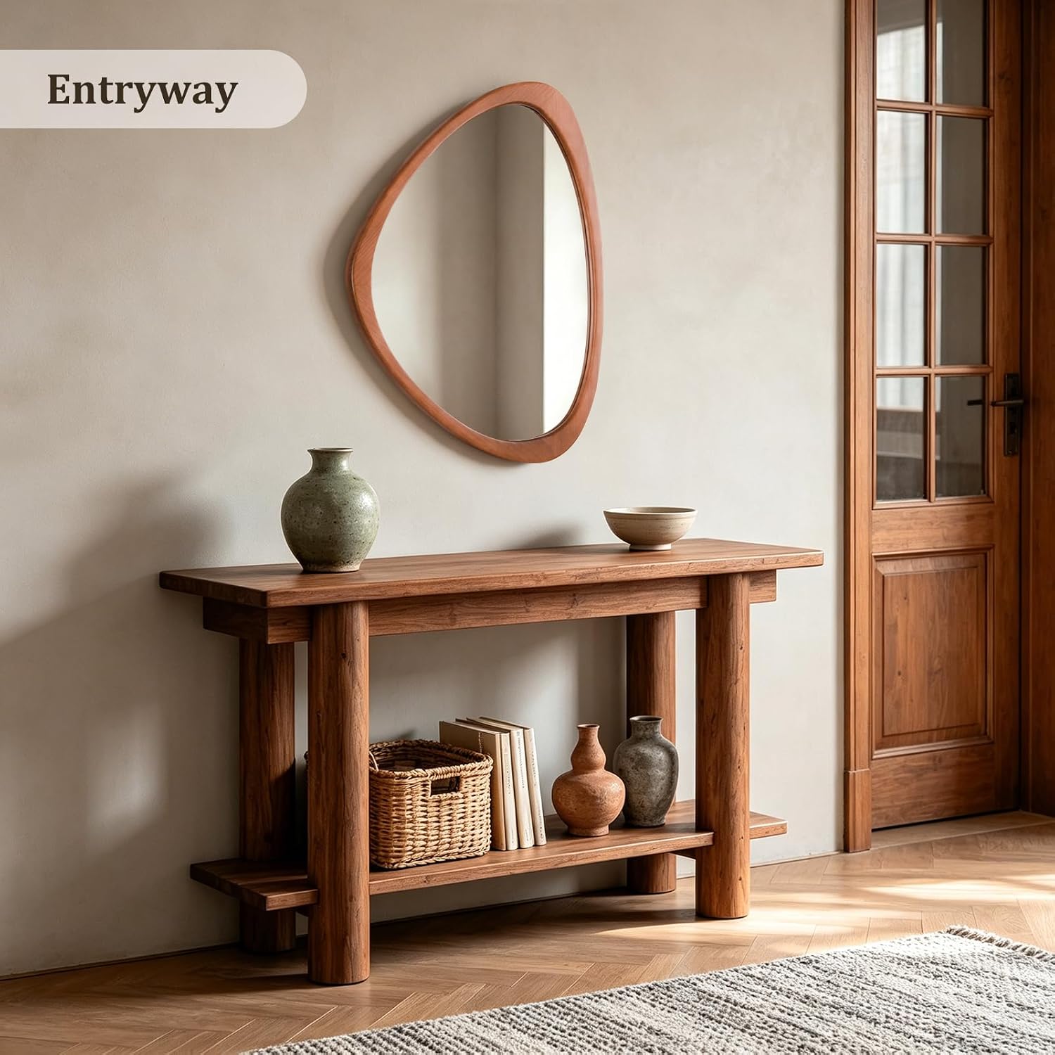 Asymmetrical Wooden Wall Mirror 25 x 20 Inch, Solid Wood