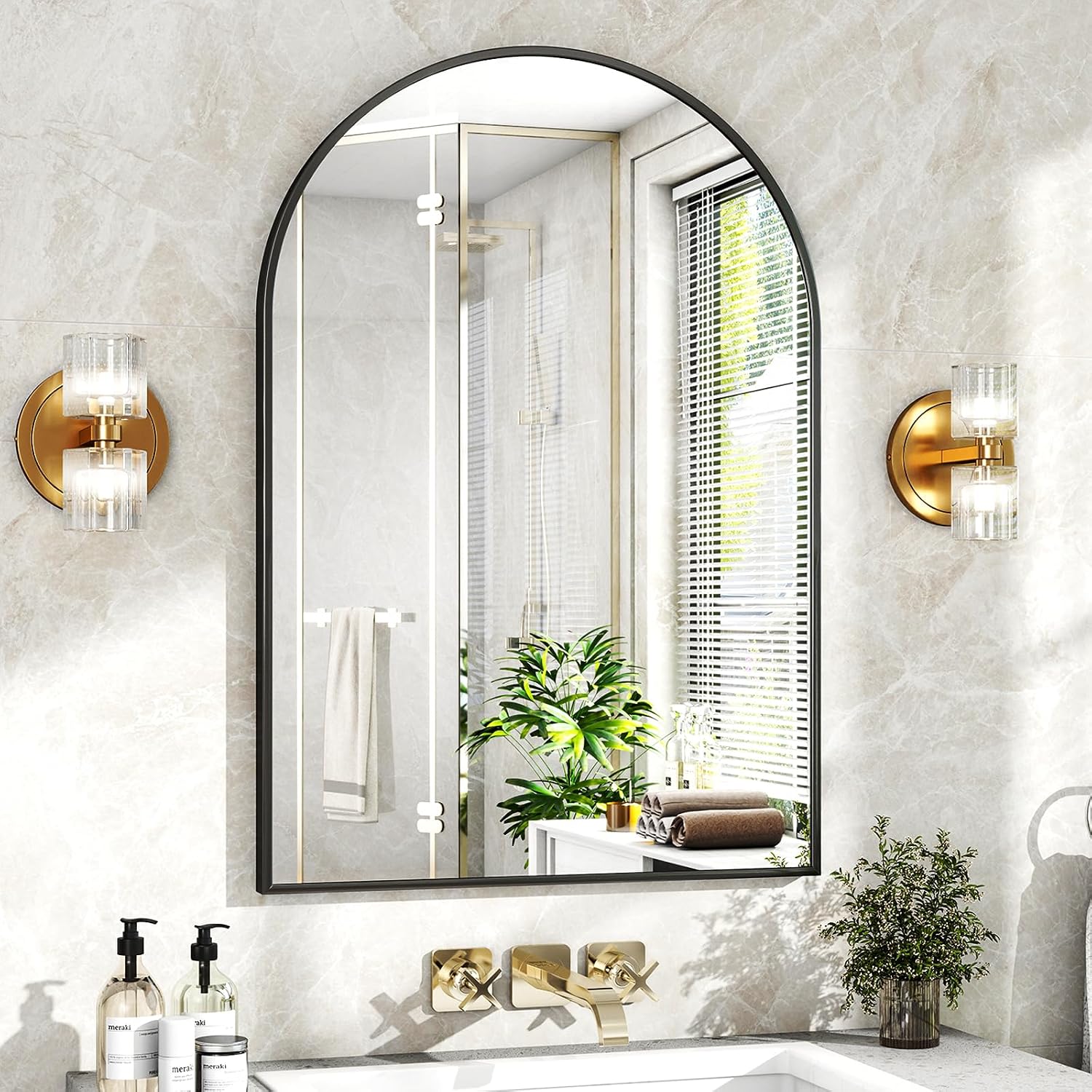 Black Arched Bathroom Mirror 24 x 36 Inch, Metal Frame
