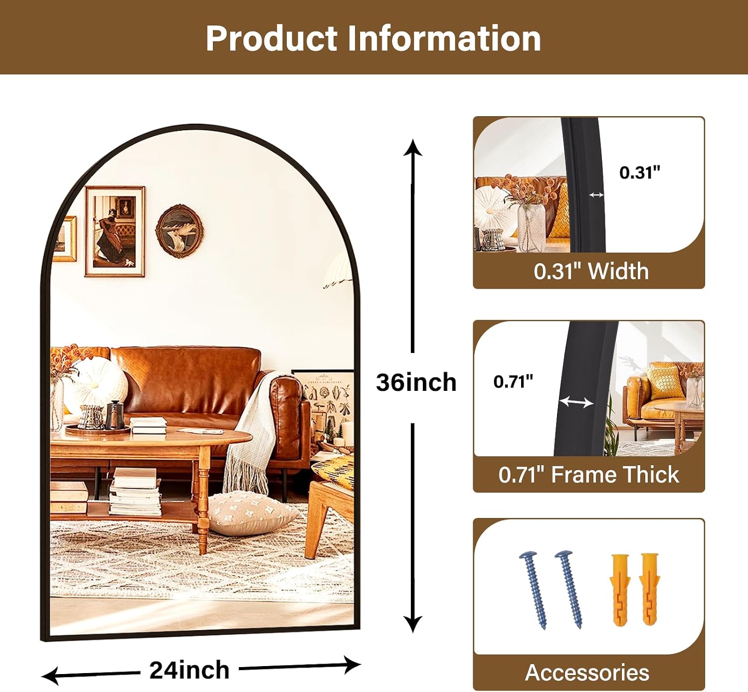 Black Arched Bathroom Mirror 24 x 36 Inch, Metal Frame