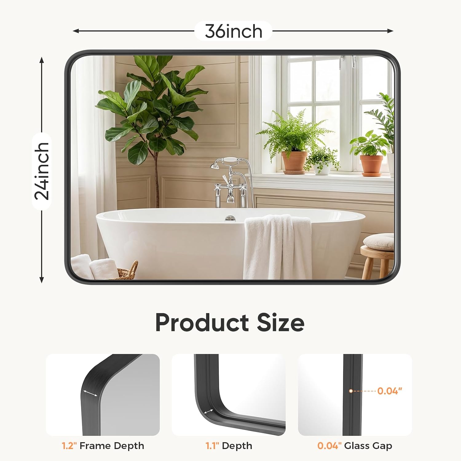 Black Bathroom Wall Mirror 36 x 24 Inch, Rounded Rectangle