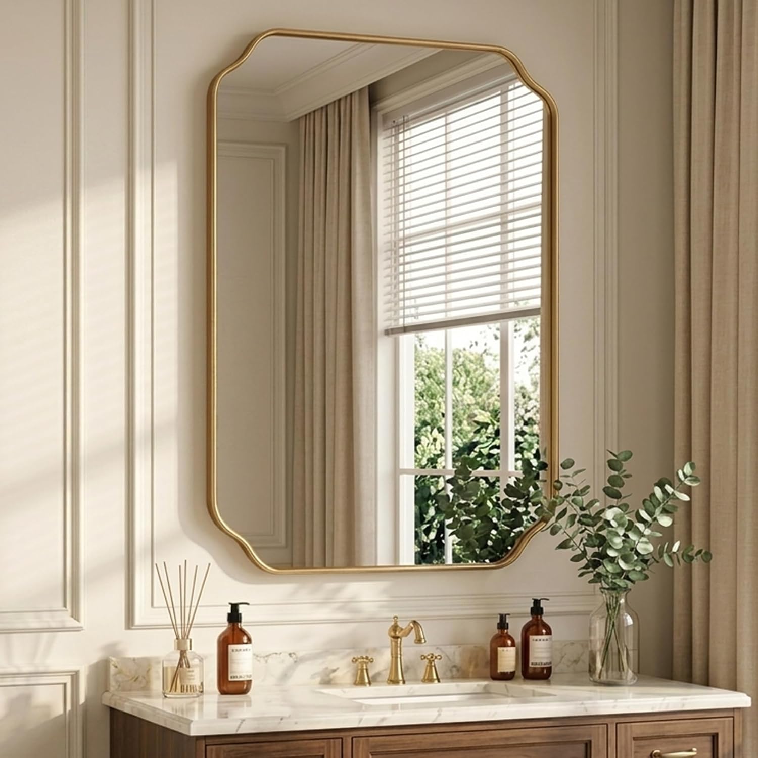 Gold Scalloped Edge Wall Mirror 30 x 22 Inch, Wooden Frame