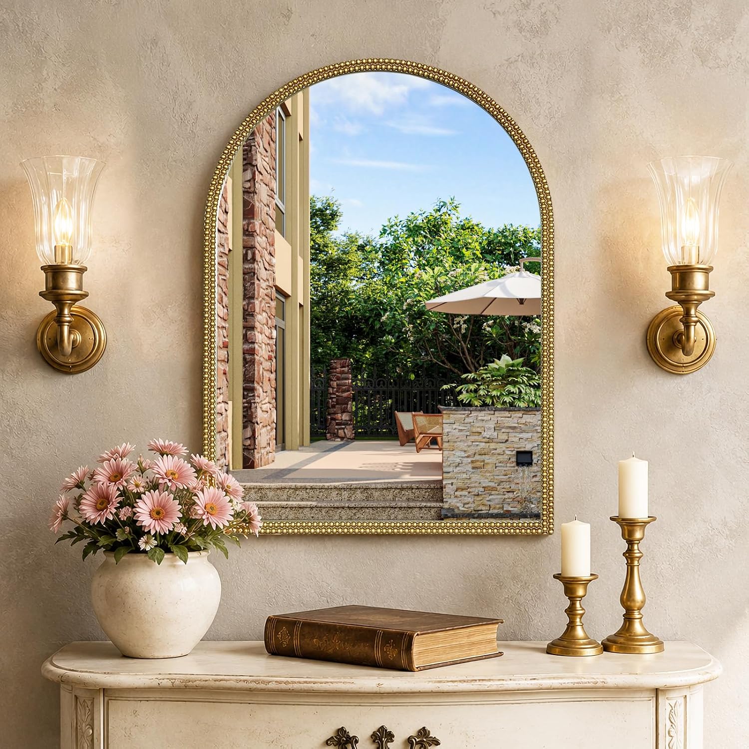 Gold Vintage Arched Wall Mirror 30 x 22 Inch, Beaded Frame