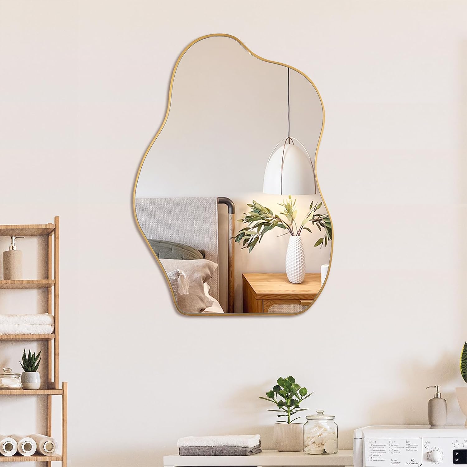Irregular Asymmetrical Wall Mirror 28 x 20 Inch, Gold Wood Frame