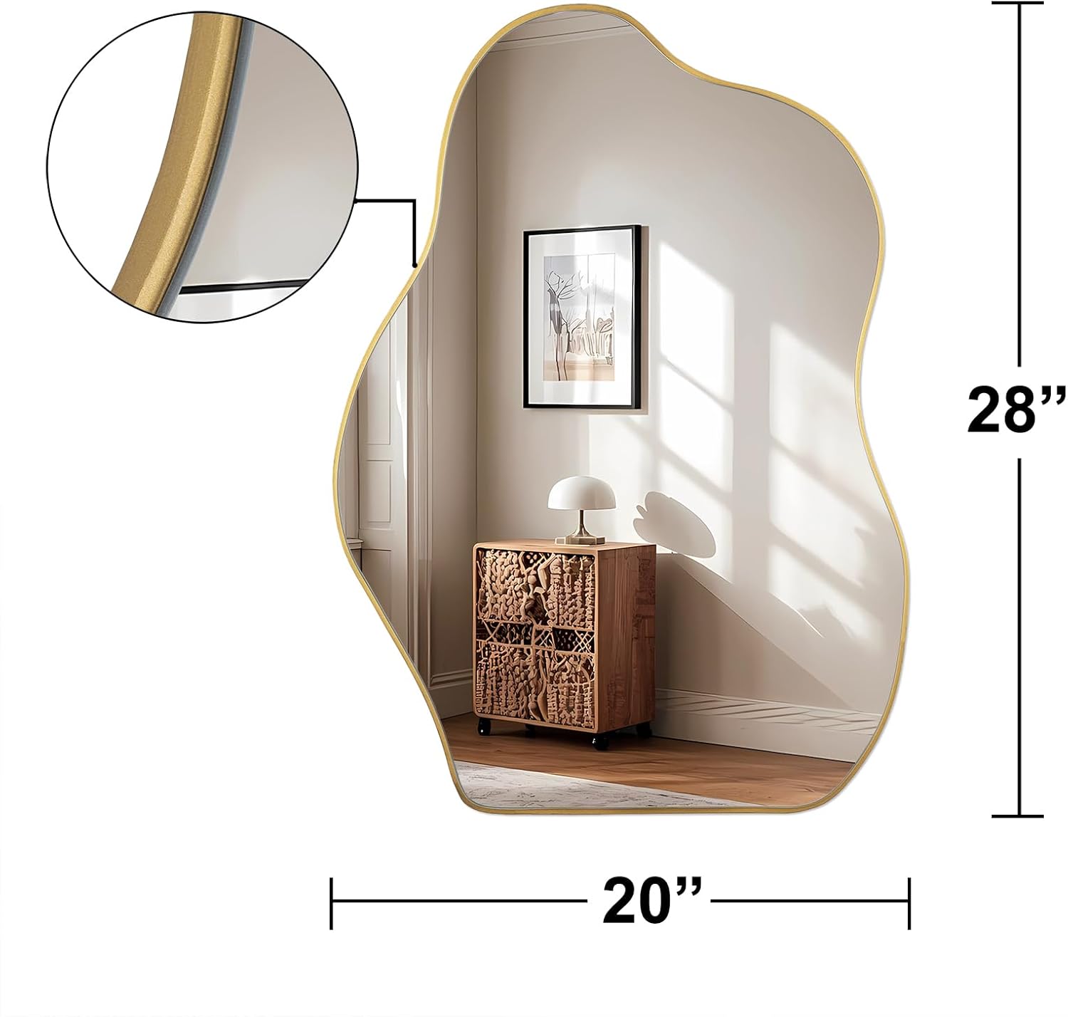 Irregular Asymmetrical Wall Mirror 28 x 20 Inch, Gold Wood Frame
