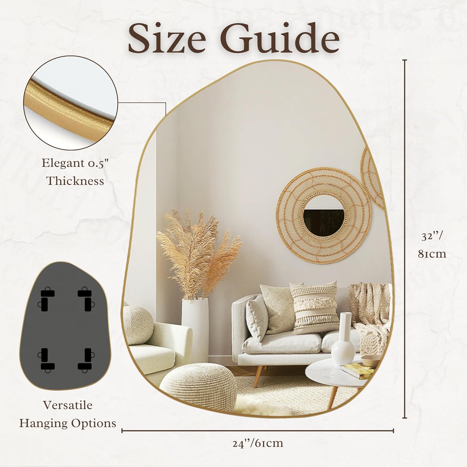 Irregular Asymmetrical Wall Mirror 32 x 24 Inch in Gold