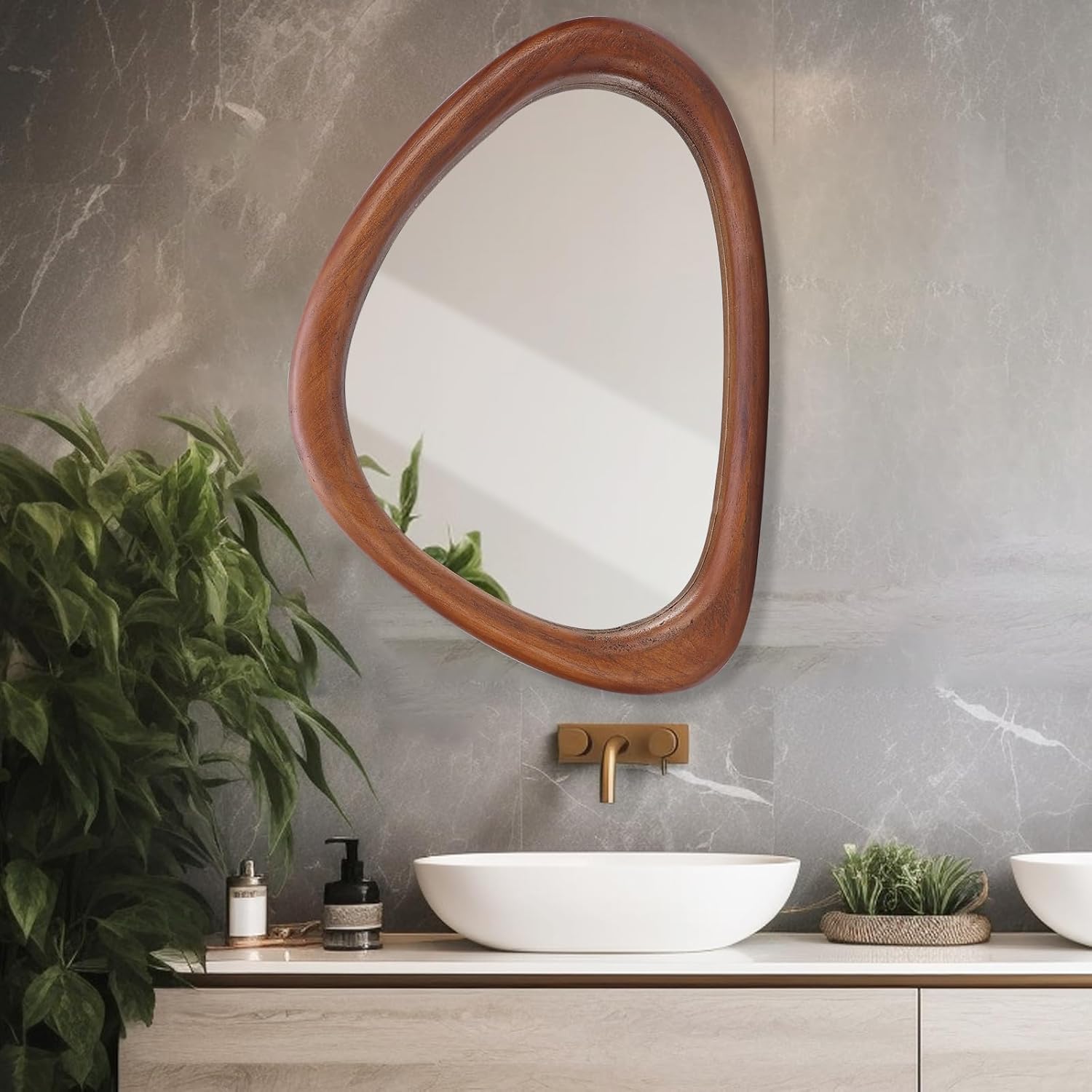 Irregular Wall Mirror 30 x 20 Inch in Black Walnut Wood