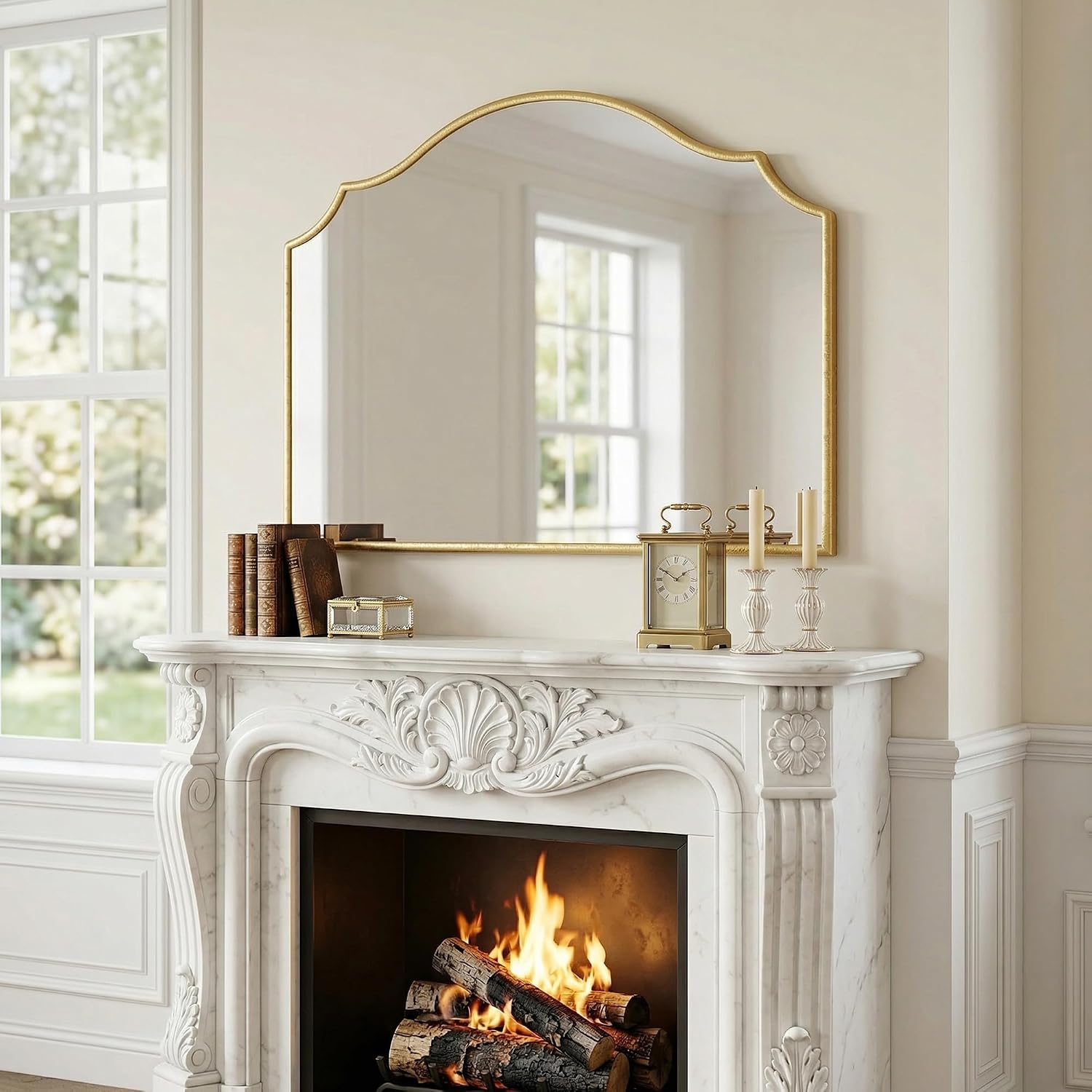 Large Arched Gold Wall Mirror 36 x 26 Inch, Scalloped Edge
