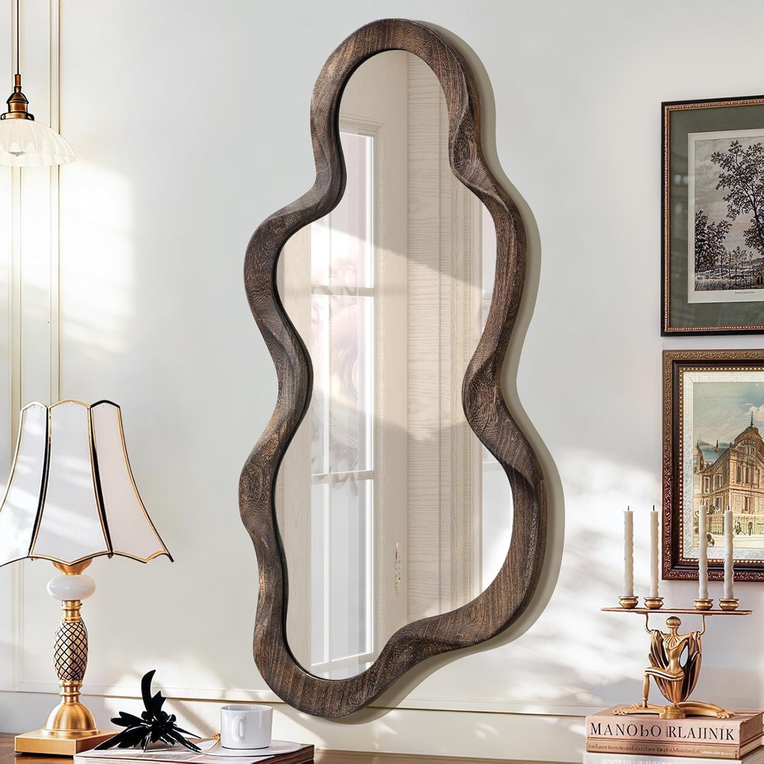 Large Cloud Wavy Wall Mirror with Wood Frame, Irregular Shape