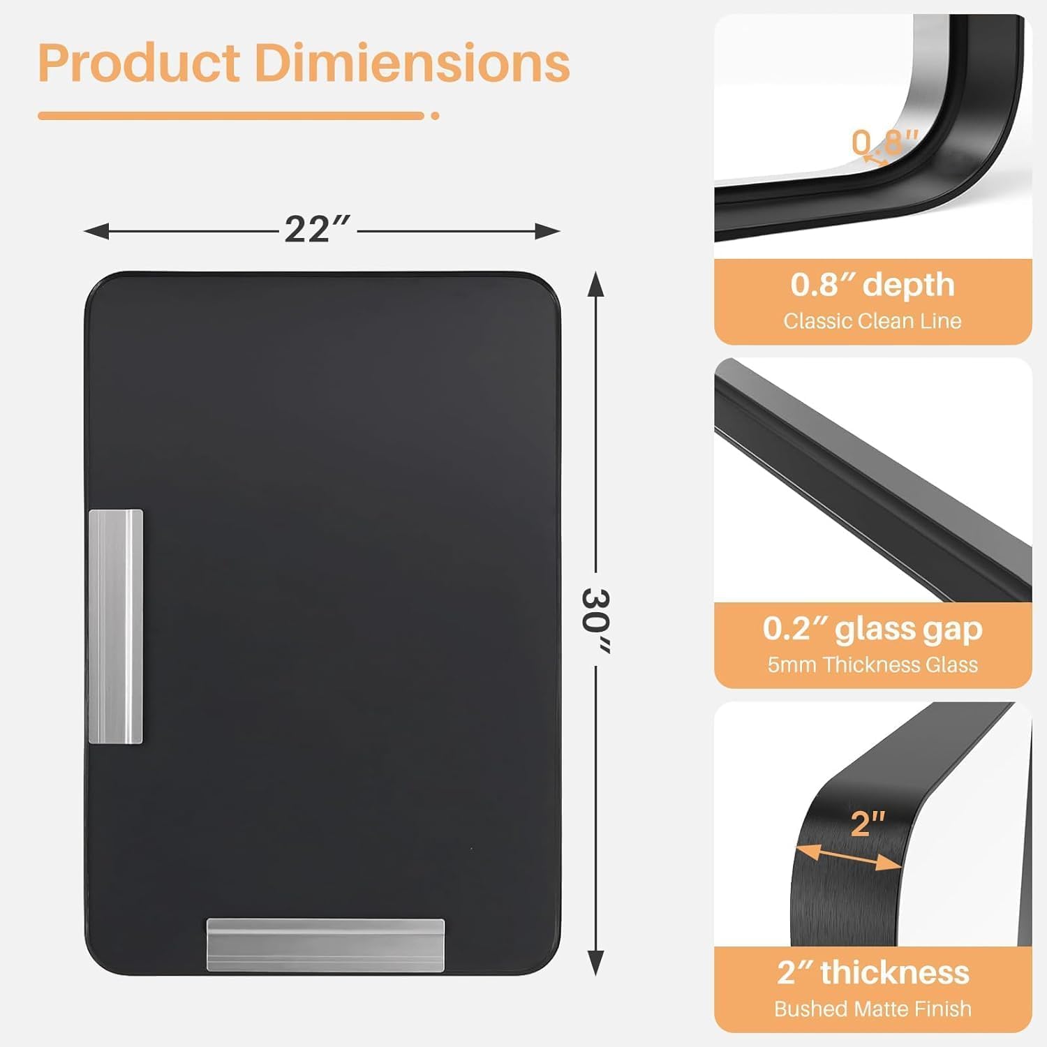 Matte Black Bathroom Mirror 30 x 22 Inch, Tempered Glass