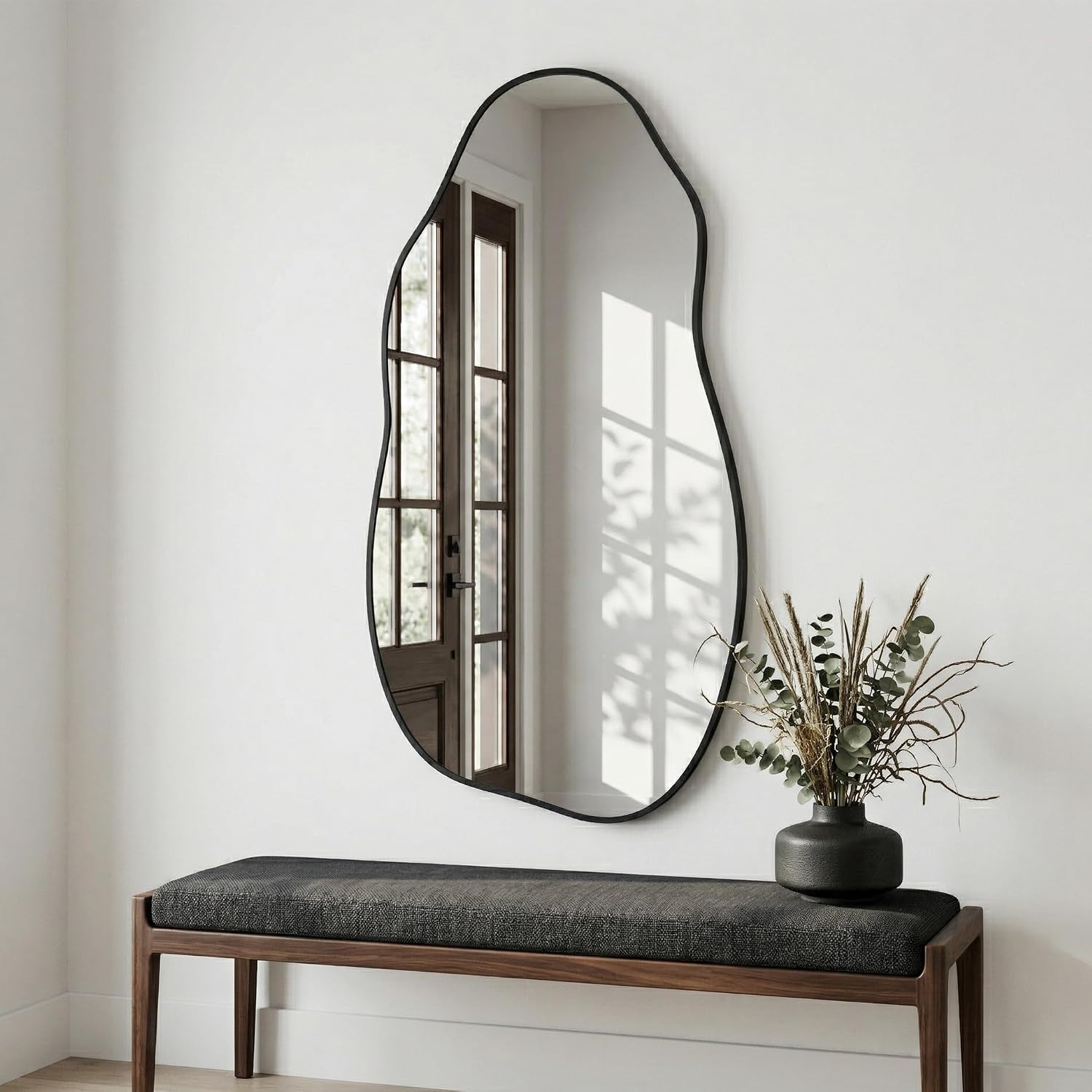 Matte Black Freeform Wall Mirror 36 x 20 Inch, Organic Shape