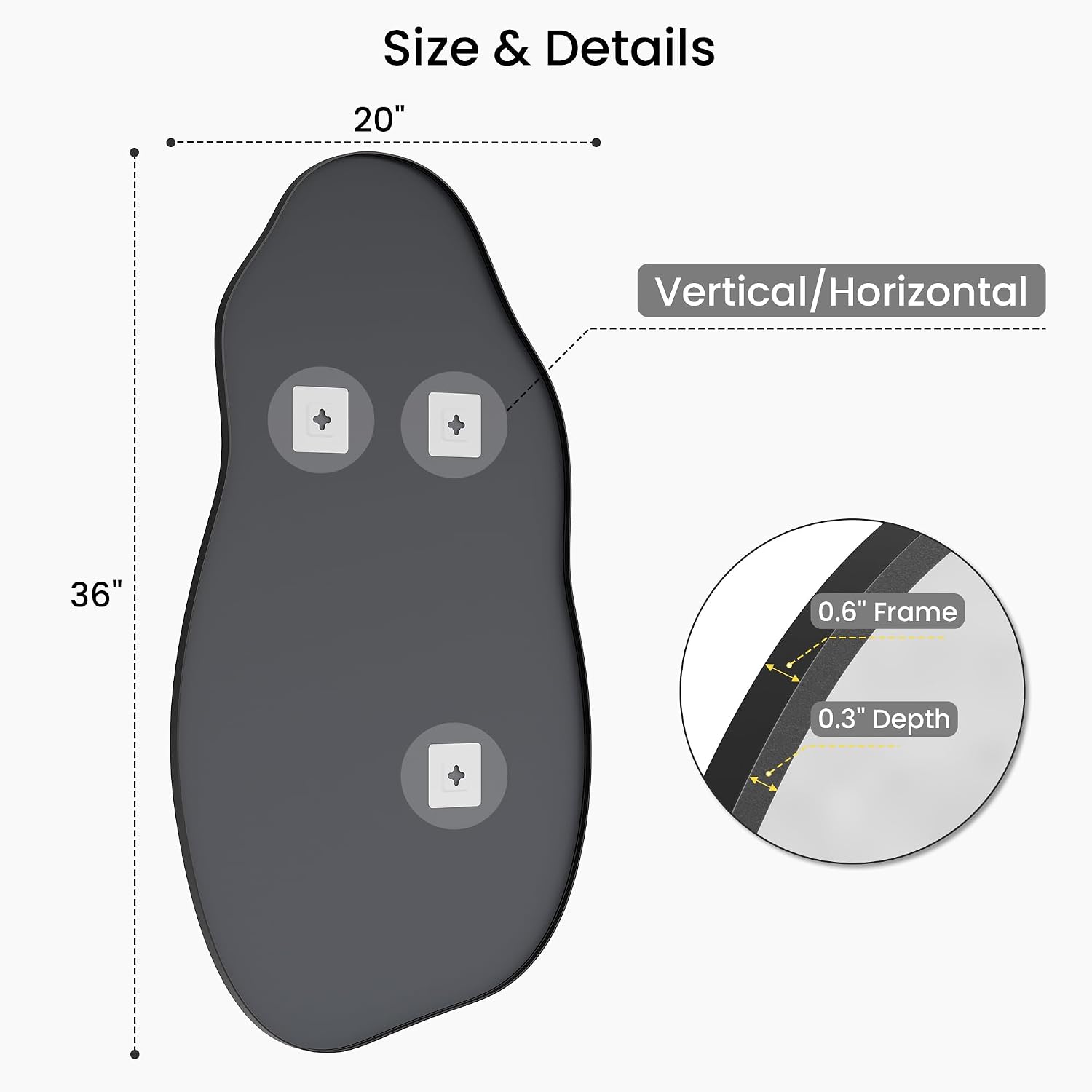 Matte Black Freeform Wall Mirror 36 x 20 Inch, Organic Shape