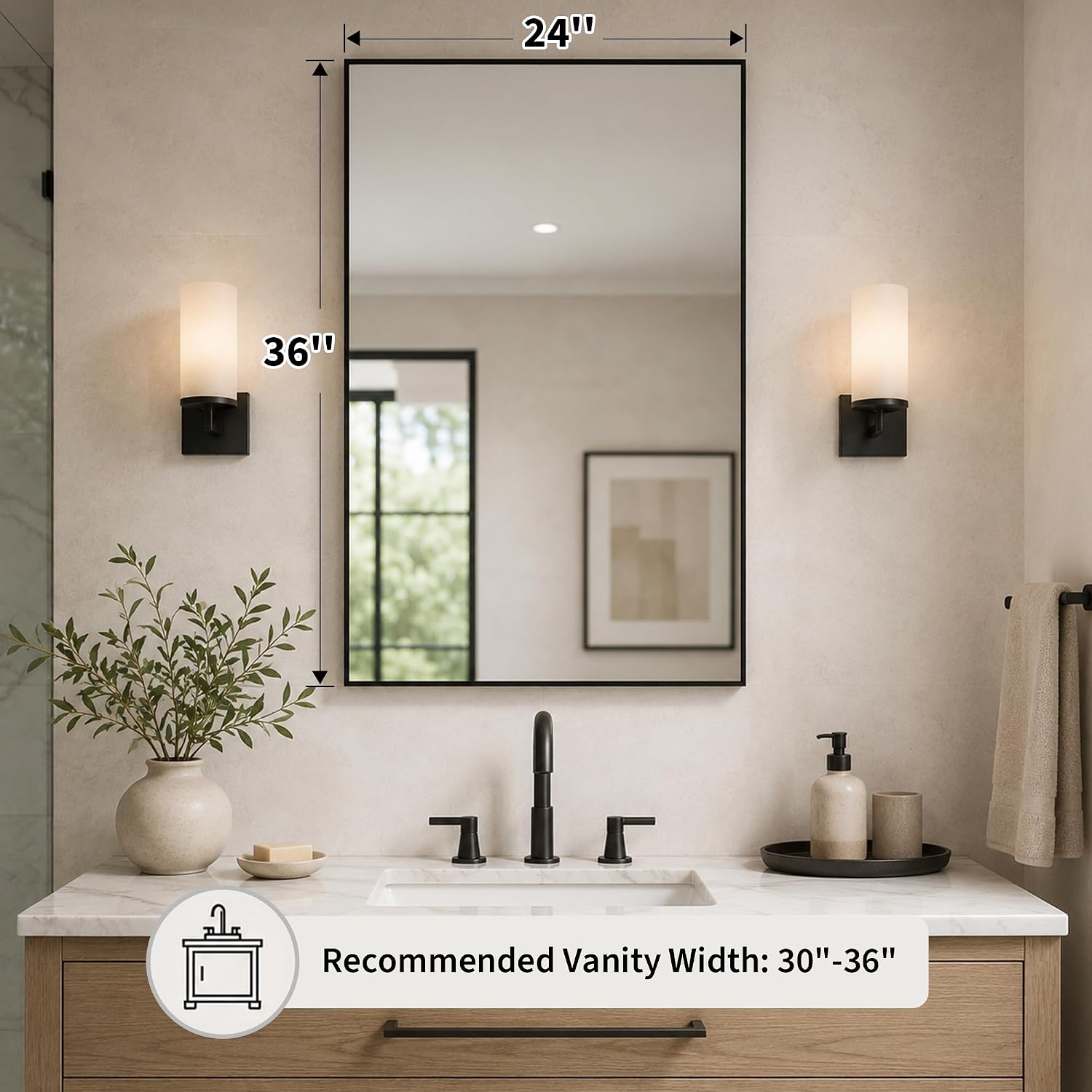 Matte Black Vanity Mirror 24 x 36 Inch with Slim Metal Frame