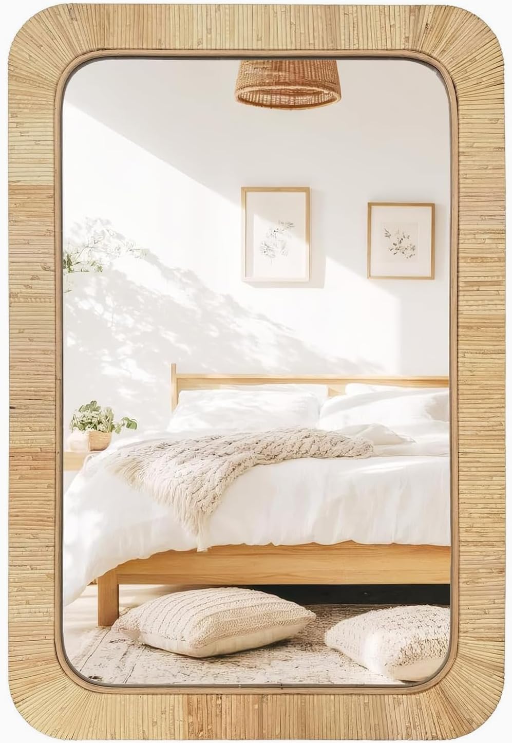 Rattan Rectangular Wall Mirror 24 x 36 Inch, Woven Boho Frame