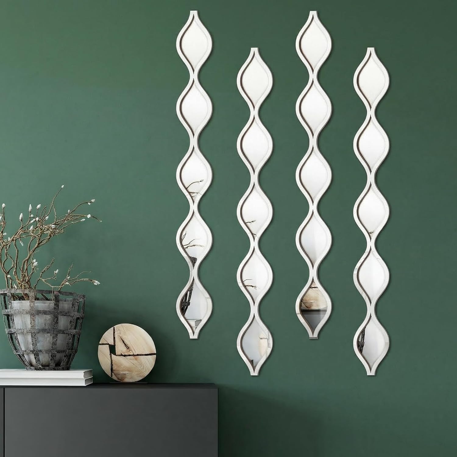 Set of 4 Teardrop Wall Mirrors in Silver, Narrow Panels
